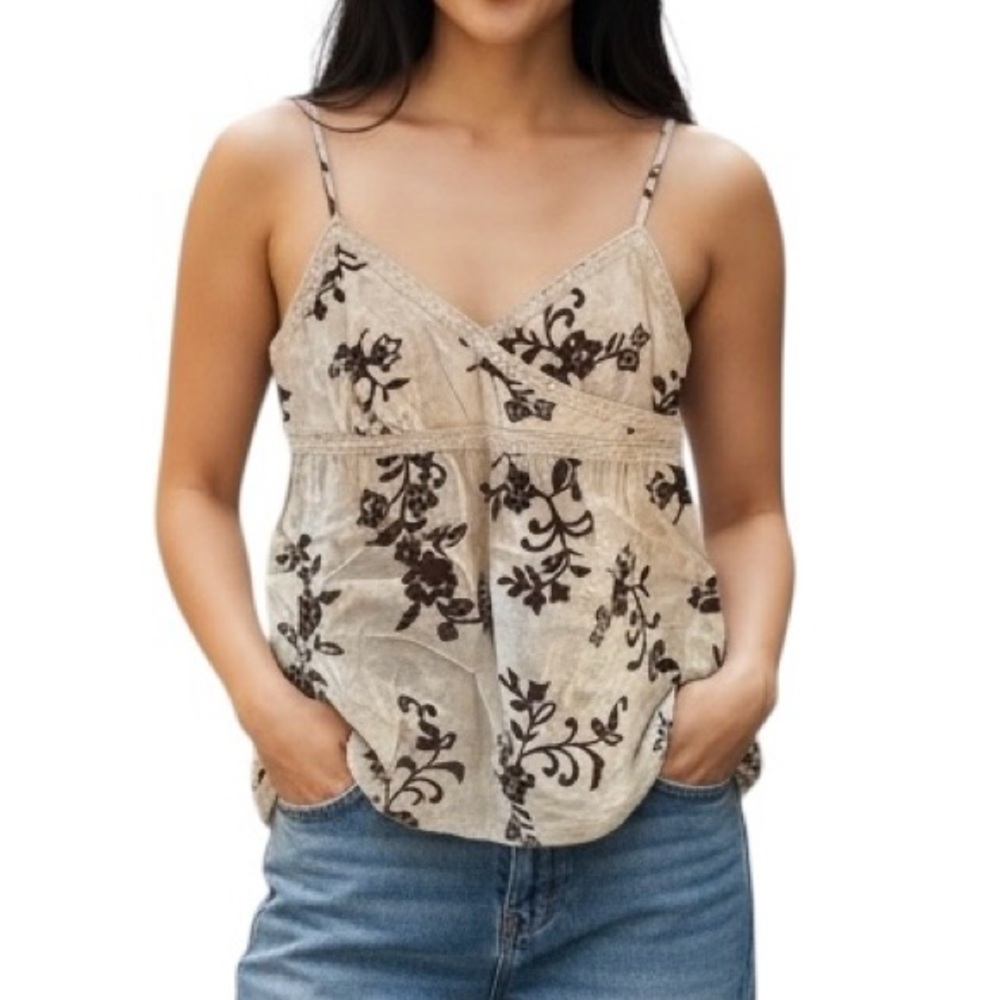 INC International Concepts Beige and Dark Brown Floral Tank Top Y2K
